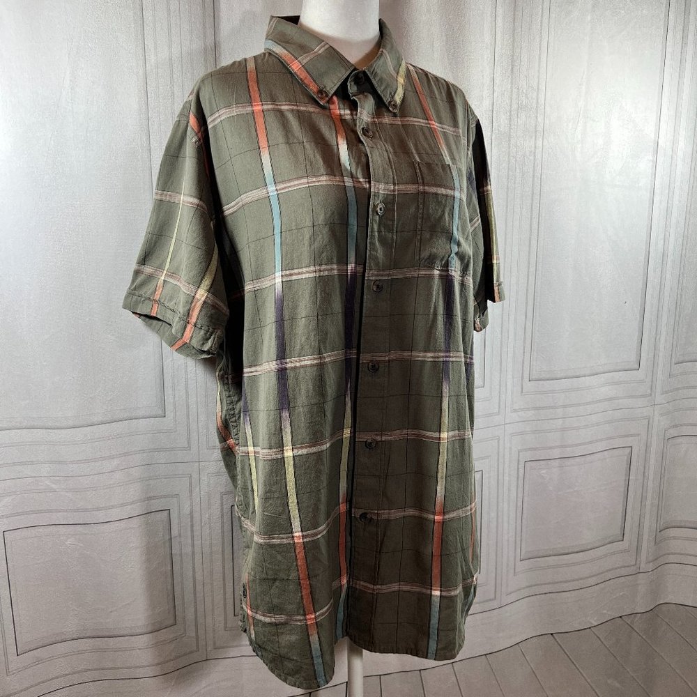 ELEMENT Olive Green Windowpane Design Short Sleeve Button Down Shirt Med…